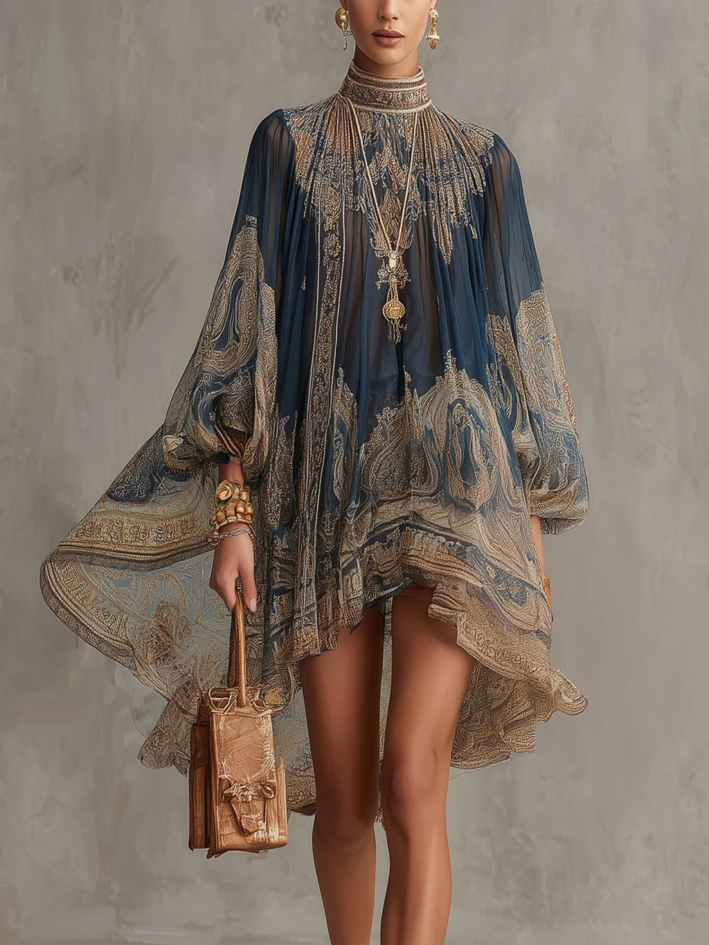 Bérénice | Vestido mini de gasa azul marino con estampado barroco dorado