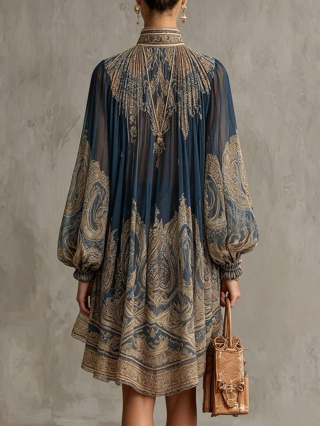 Bérénice | Vestido mini de gasa azul marino con estampado barroco dorado