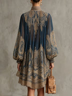 Bérénice | Vestido mini de gasa azul marino con estampado barroco dorado