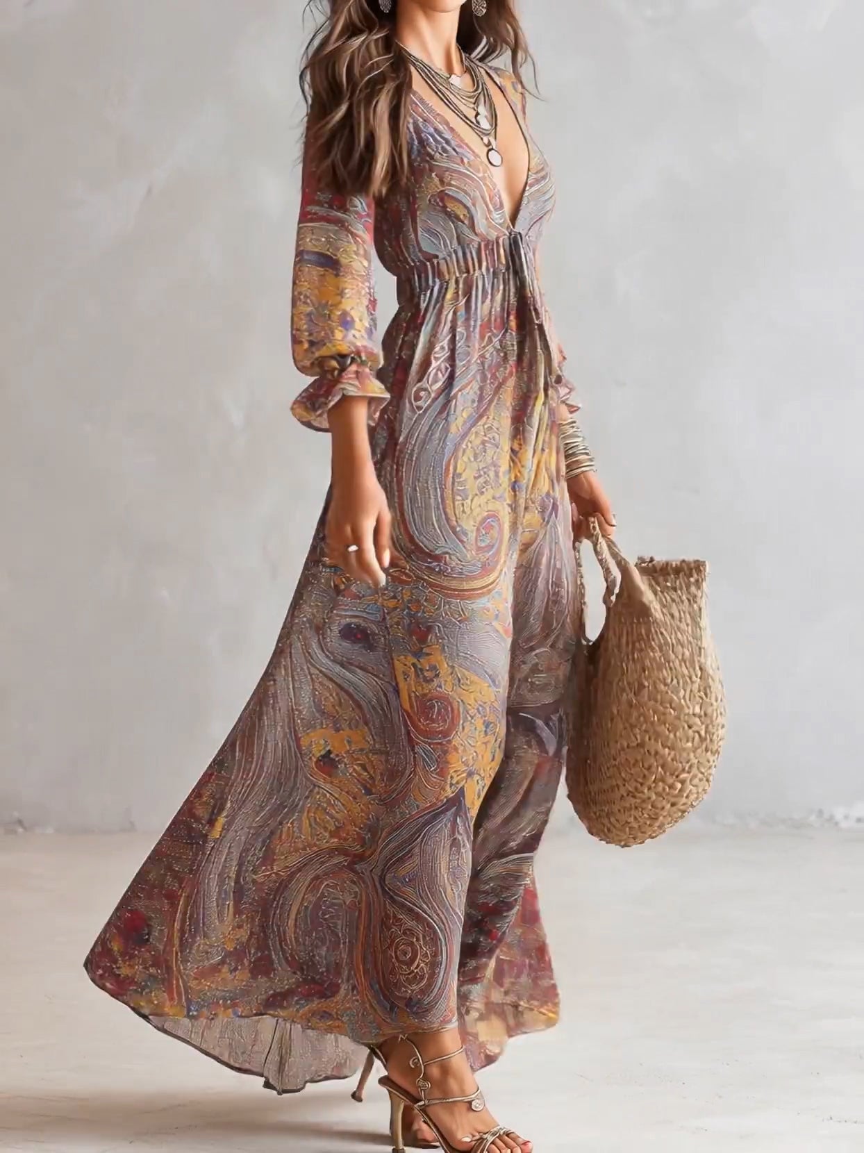 Vestido Maxi Multicolor en Chiffon con Estampado Paisley y Escote en V