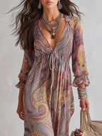 Vestido Maxi Multicolor en Chiffon con Estampado Paisley y Escote en V