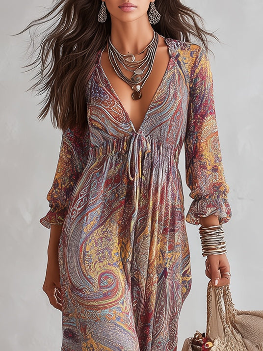 Vestido Maxi Multicolor en Chiffon con Estampado Paisley y Escote en V