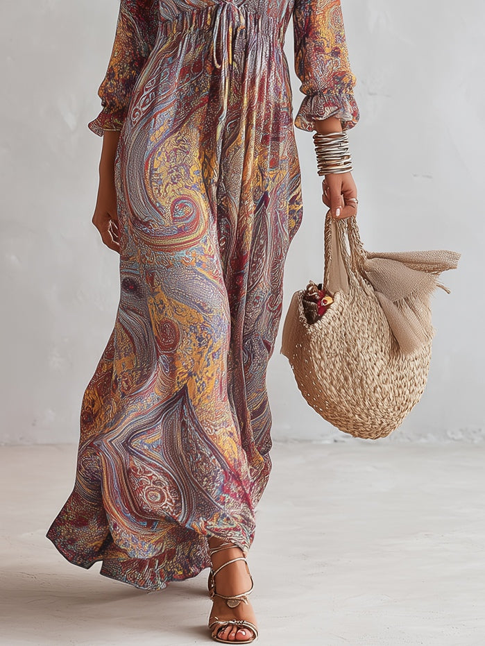 Vestido Maxi Multicolor en Chiffon con Estampado Paisley y Escote en V