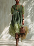 Vestido Midi Verde en Chiffon con Hombros Descubiertos