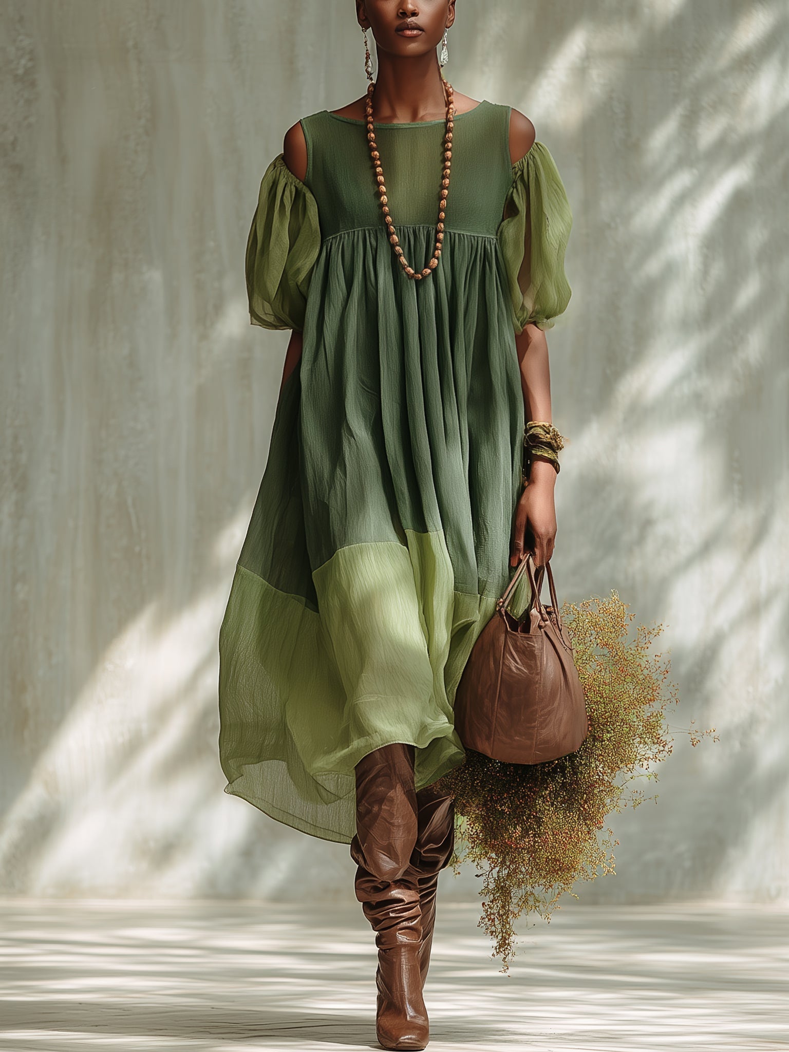 Vestido Midi Verde en Chiffon con Hombros Descubiertos