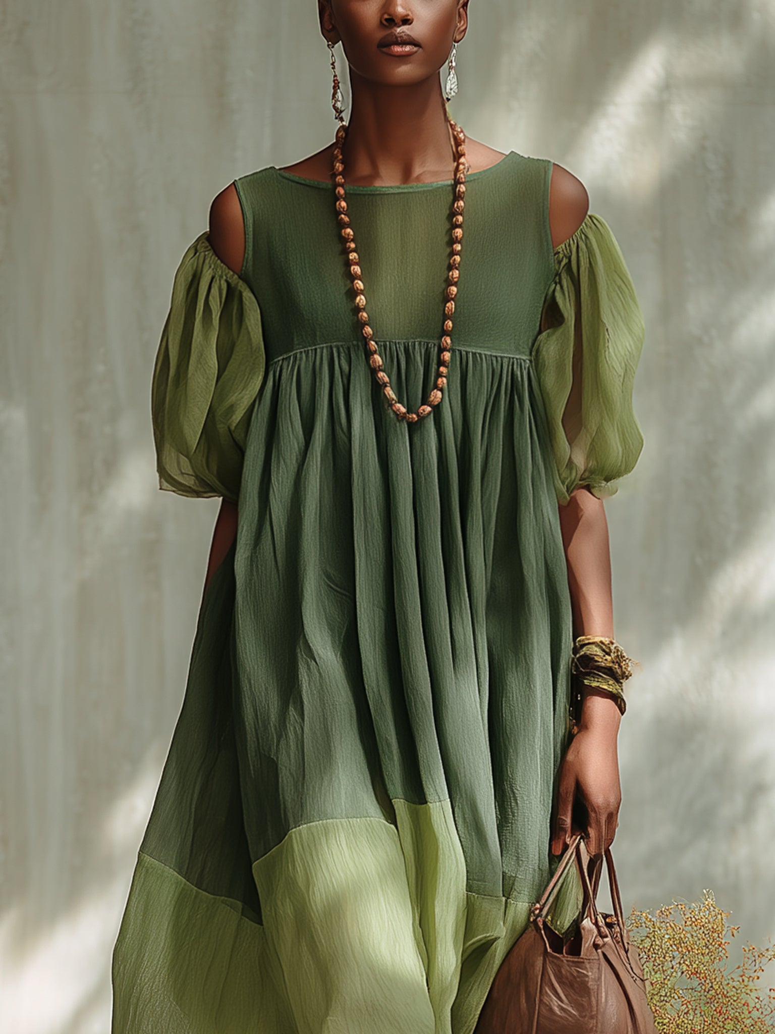 Vestido Midi Verde en Chiffon con Hombros Descubiertos