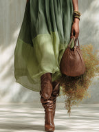 Vestido Midi Verde en Chiffon con Hombros Descubiertos