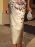 Vestido Midi Azul de Satén Floral con Hombro Descubierto