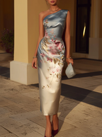 Vestido Midi Azul de Satén Floral con Hombro Descubierto