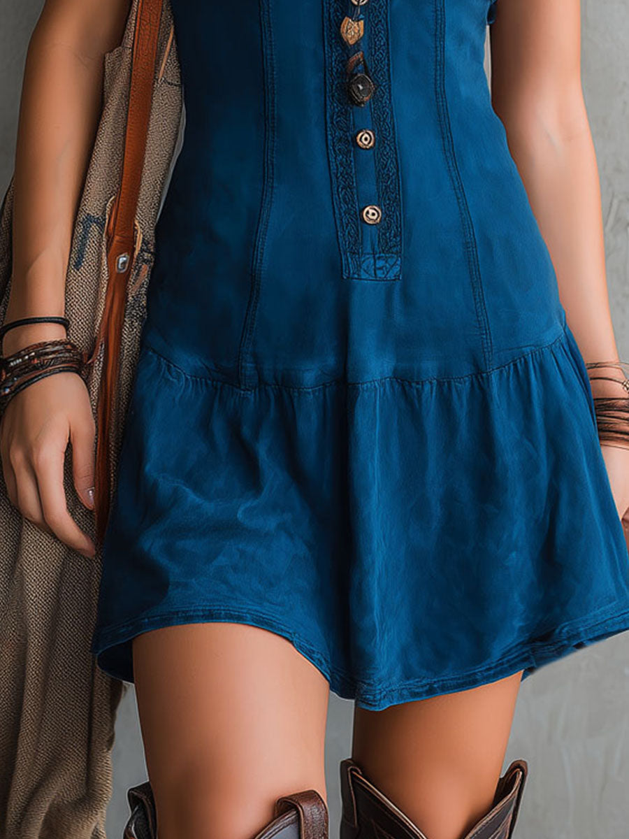 Vestido Mini Índigo Bohemio con Escote en V y Botones