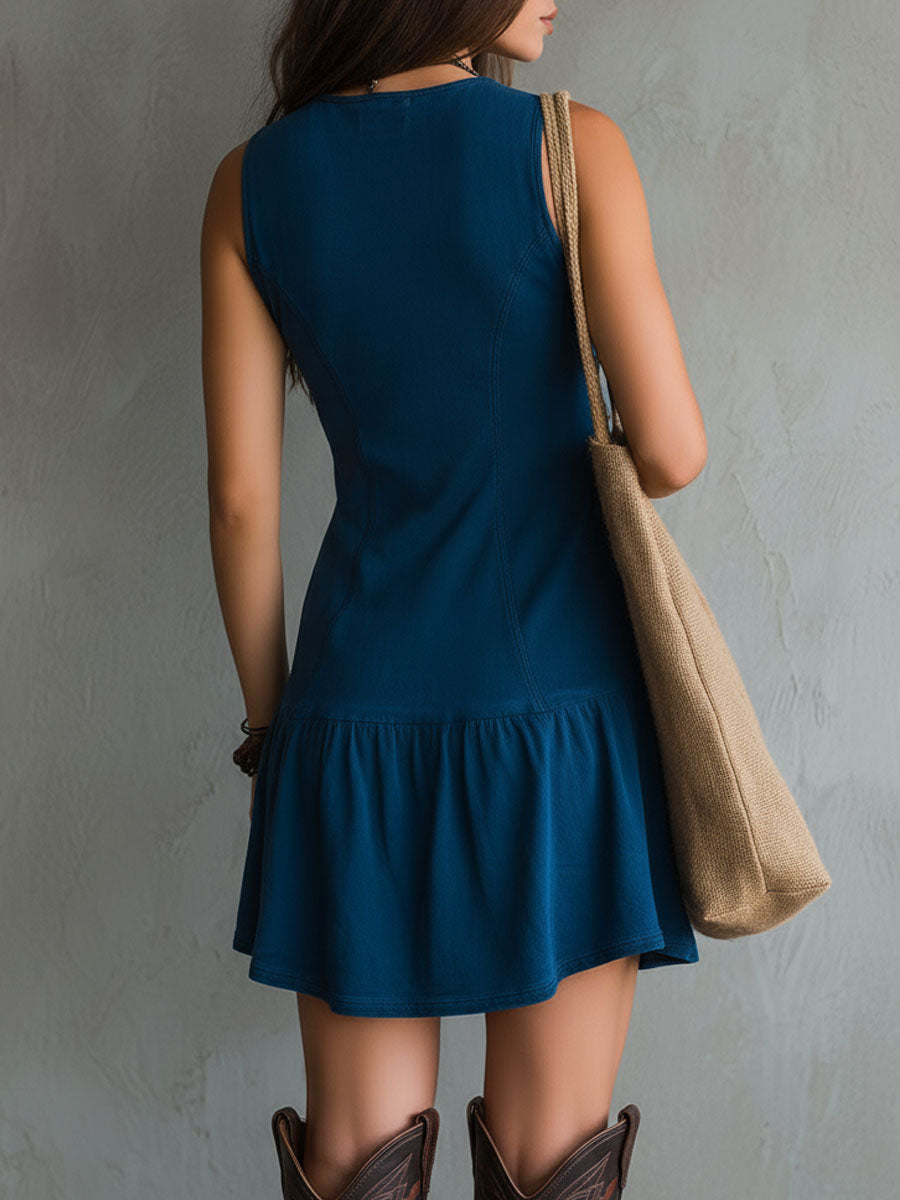 Vestido Mini Índigo Bohemio con Escote en V y Botones