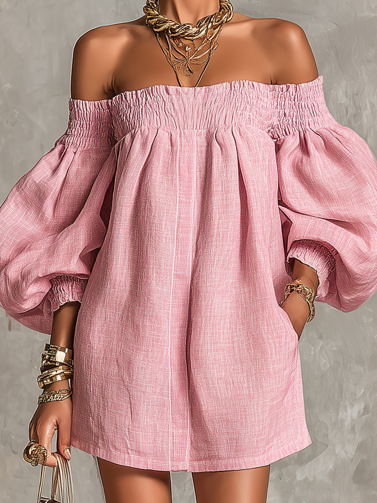 Violette | Vestido mini rosa trapecio de mangas farol y hombros descubiertos