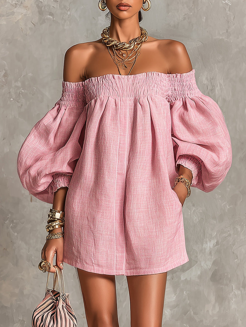 Violette | Vestido mini rosa trapecio de mangas farol y hombros descubiertos