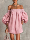 Violette | Vestido mini rosa trapecio de mangas farol y hombros descubiertos