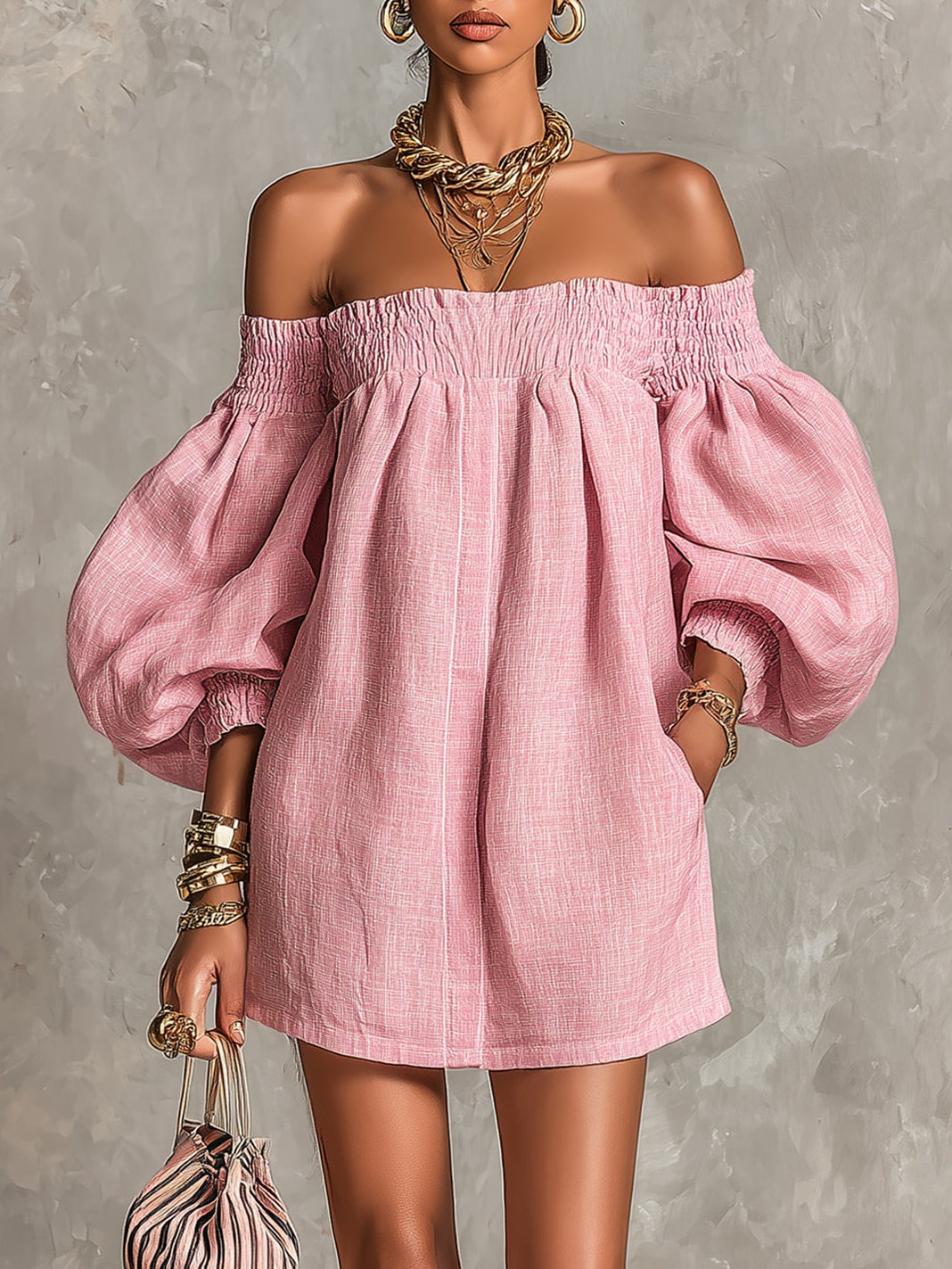 Violette | Vestido mini rosa trapecio de mangas farol y hombros descubiertos