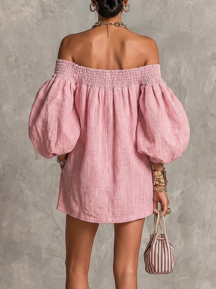 Violette | Vestido mini rosa trapecio de mangas farol y hombros descubiertos