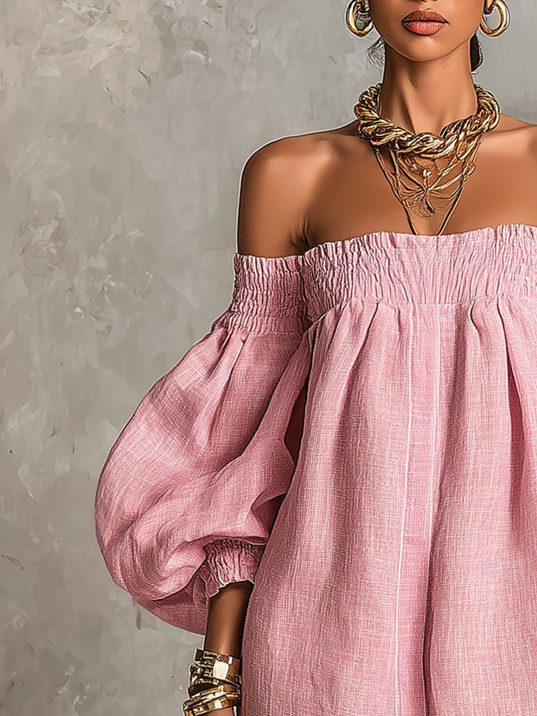Violette | Vestido mini rosa trapecio de mangas farol y hombros descubiertos