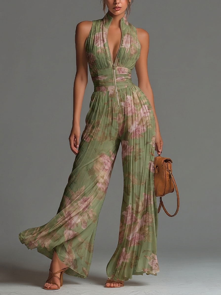 Mono Verde Floral Plisado en Chiffon