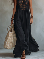 Abito Maxi Nero Senza Maniche con Pizzo Bohemien