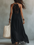 Abito Maxi Nero Senza Maniche con Pizzo Bohemien