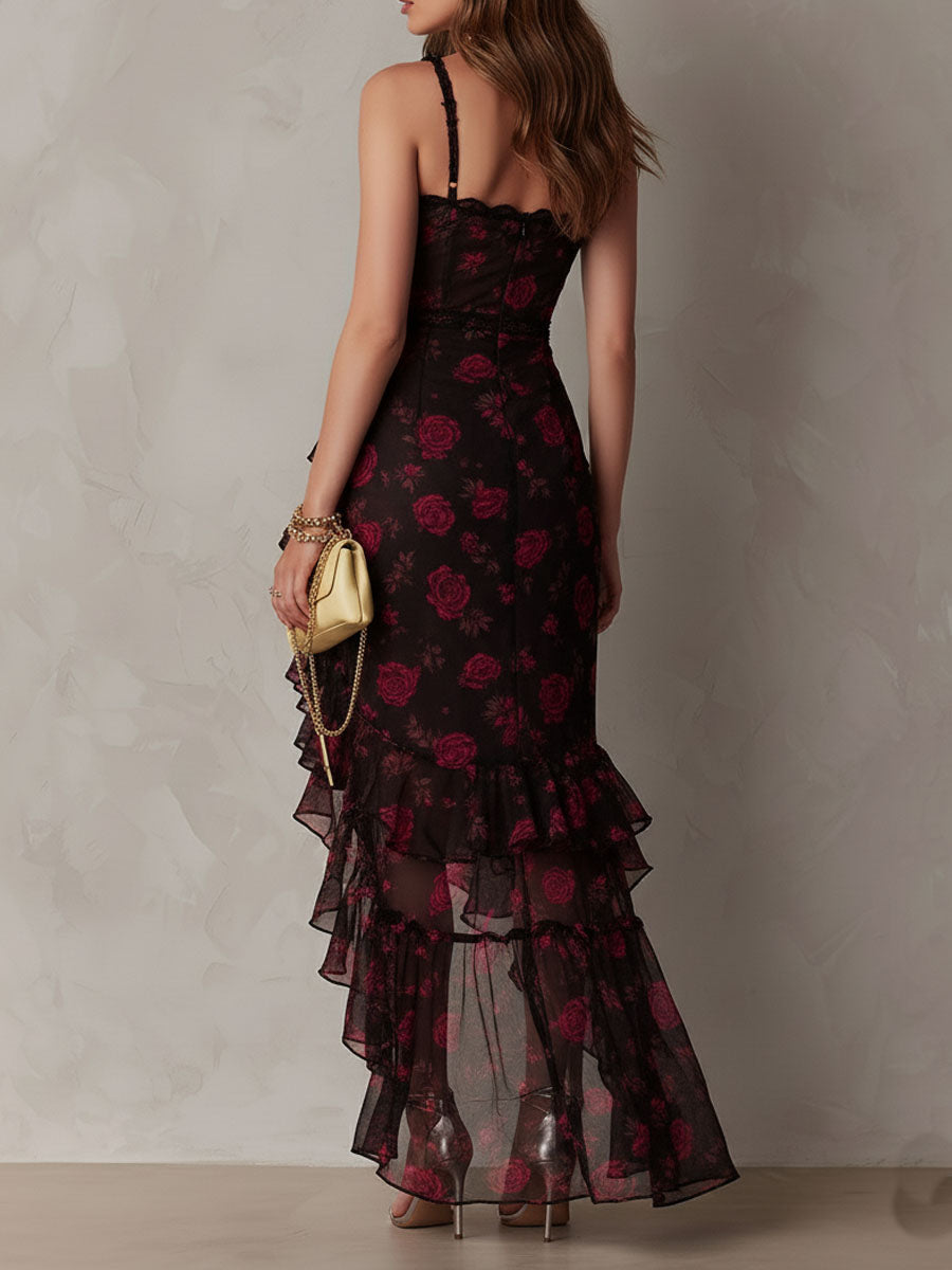 Vestido Chic Negro y Rojo Floral con Volantes