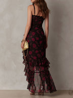 Vestido Chic Negro y Rojo Floral con Volantes