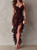 Vestido Chic Negro y Rojo Floral con Volantes