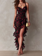 Vestido Chic Negro y Rojo Floral con Volantes