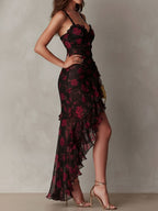 Vestido Chic Negro y Rojo Floral con Volantes
