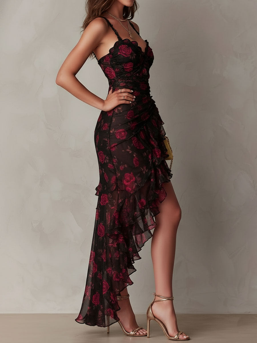Vestido Chic Negro y Rojo Floral con Volantes