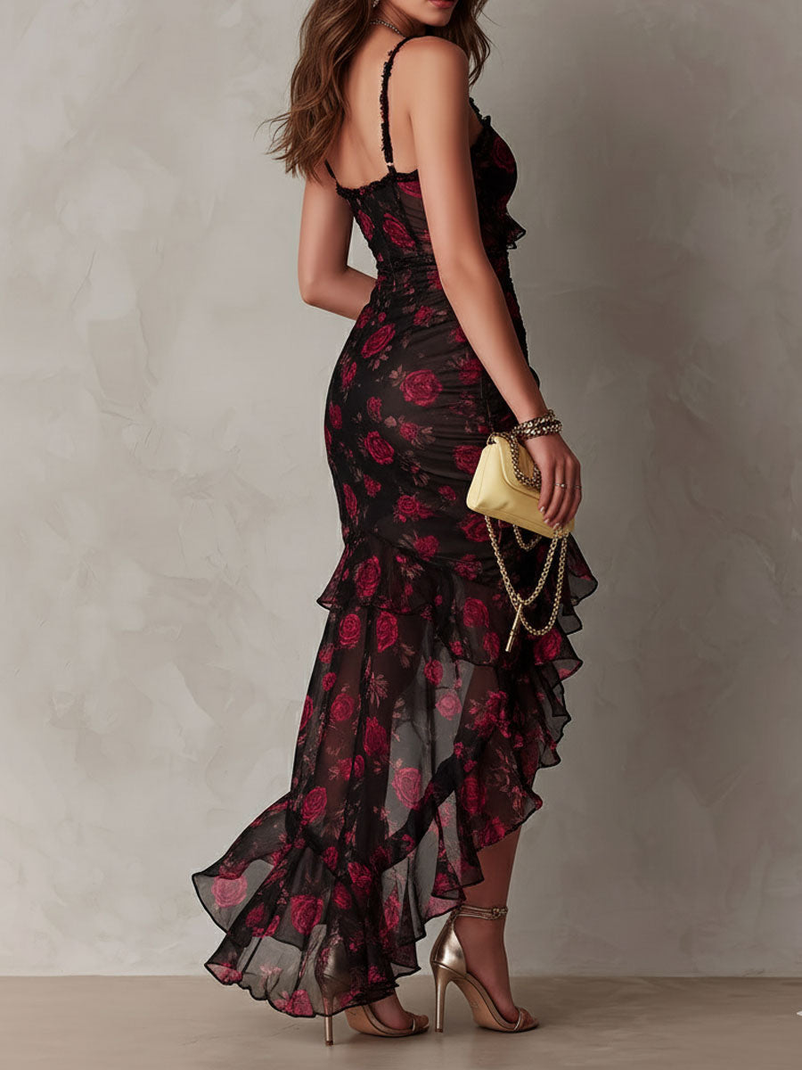 Vestido Chic Negro y Rojo Floral con Volantes