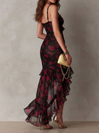 Vestido Chic Negro y Rojo Floral con Volantes
