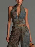 Mono Azul Grisáceo Bohemio Estampado en Chiffon