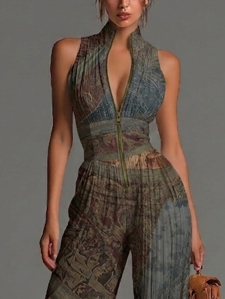 Mono Azul Grisáceo Bohemio Estampado en Chiffon