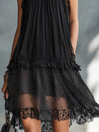 Pauline | Vestido mini negro transparente de topos con volantes y encaje