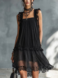 Pauline | Vestido mini negro transparente de topos con volantes y encaje