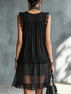 Pauline | Vestido mini negro transparente de topos con volantes y encaje