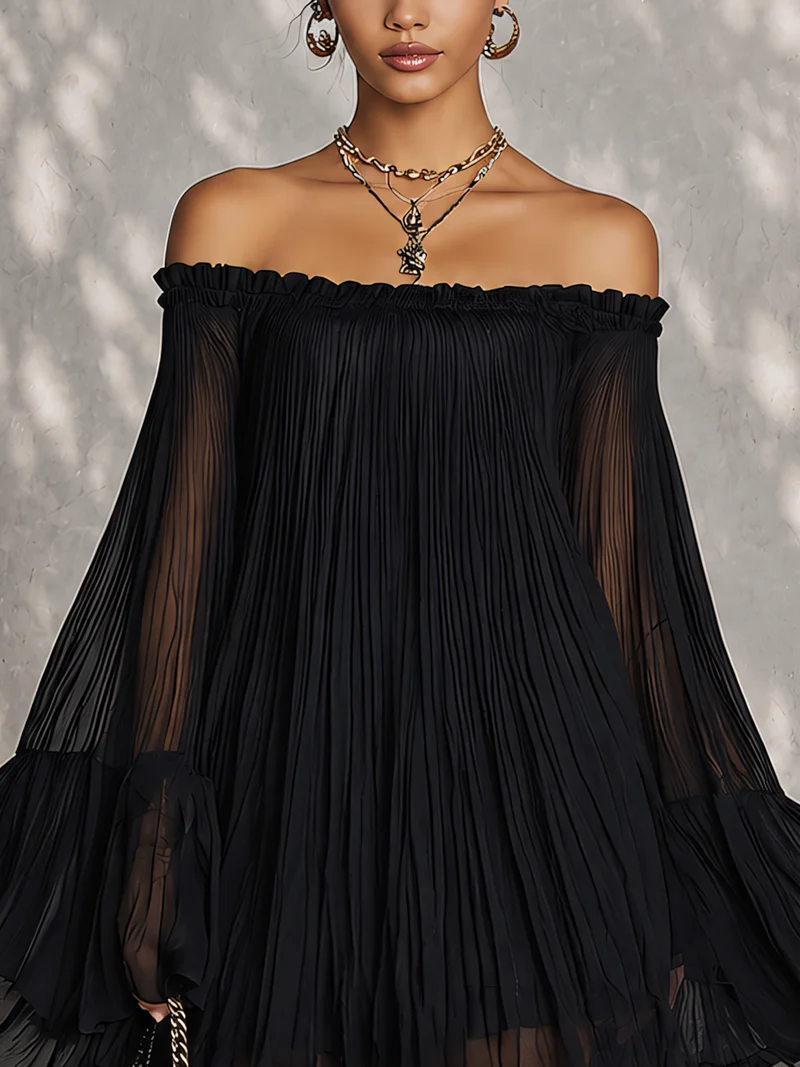 Océane | Vestido mini negro de gasa con mangas campana y hombros descubiertos