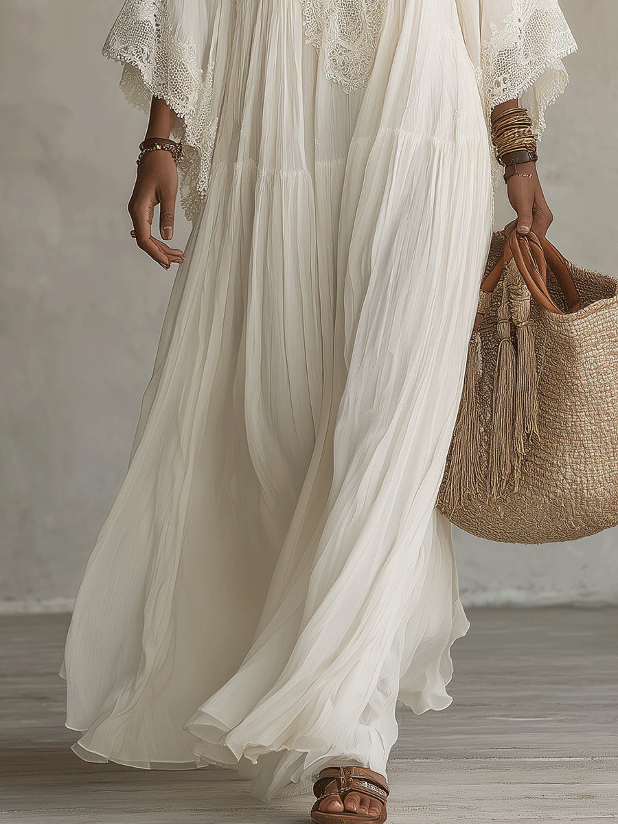Celeste | Vestido largo de gasa marfil con mangas de mariposa y encaje blanco