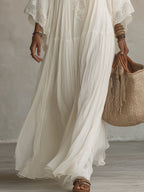 Celeste | Vestido largo de gasa marfil con mangas de mariposa y encaje blanco