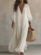 Celeste | Vestido largo de gasa marfil con mangas de mariposa y encaje blanco