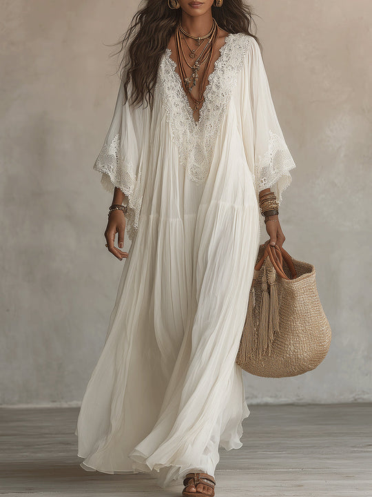 Celeste | Vestido largo de gasa marfil con mangas de mariposa y encaje blanco