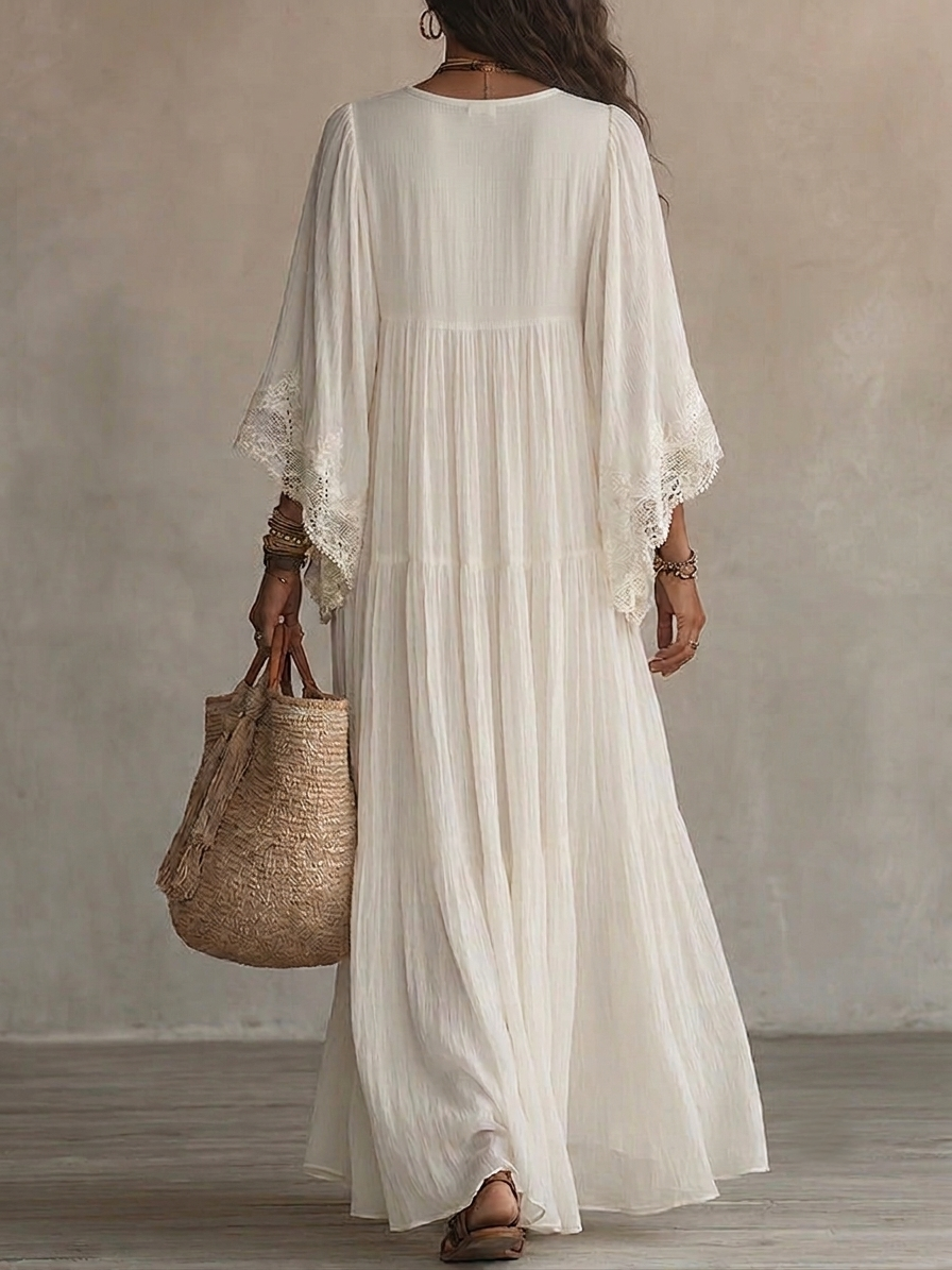 Celeste | Vestido largo de gasa marfil con mangas de mariposa y encaje blanco