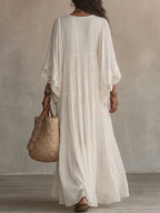 Celeste | Vestido largo de gasa marfil con mangas de mariposa y encaje blanco