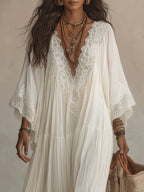 Celeste | Vestido largo de gasa marfil con mangas de mariposa y encaje blanco