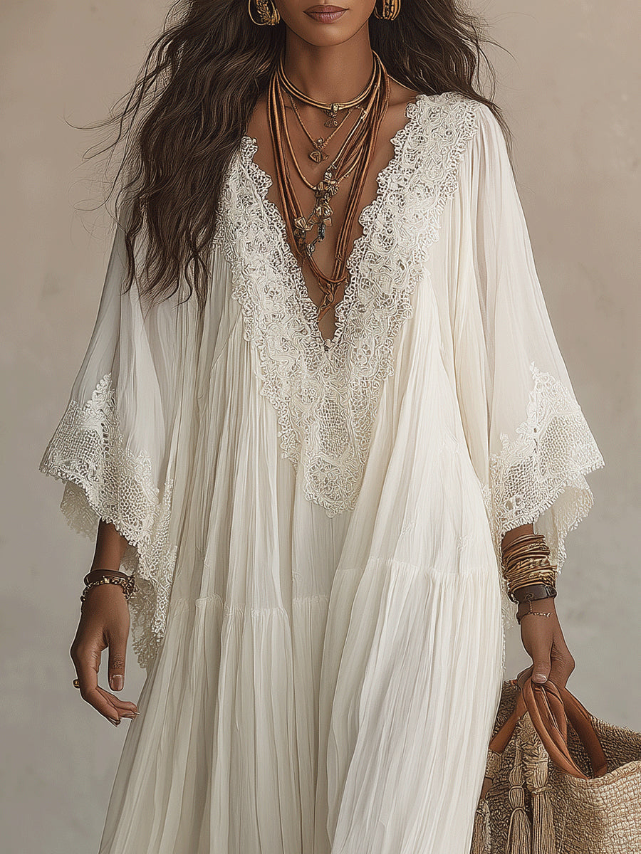 Celeste | Vestido largo de gasa marfil con mangas de mariposa y encaje blanco
