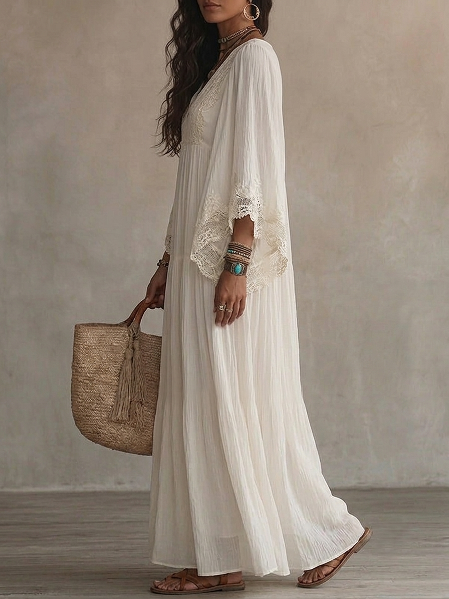Celeste | Vestido largo de gasa marfil con mangas de mariposa y encaje blanco