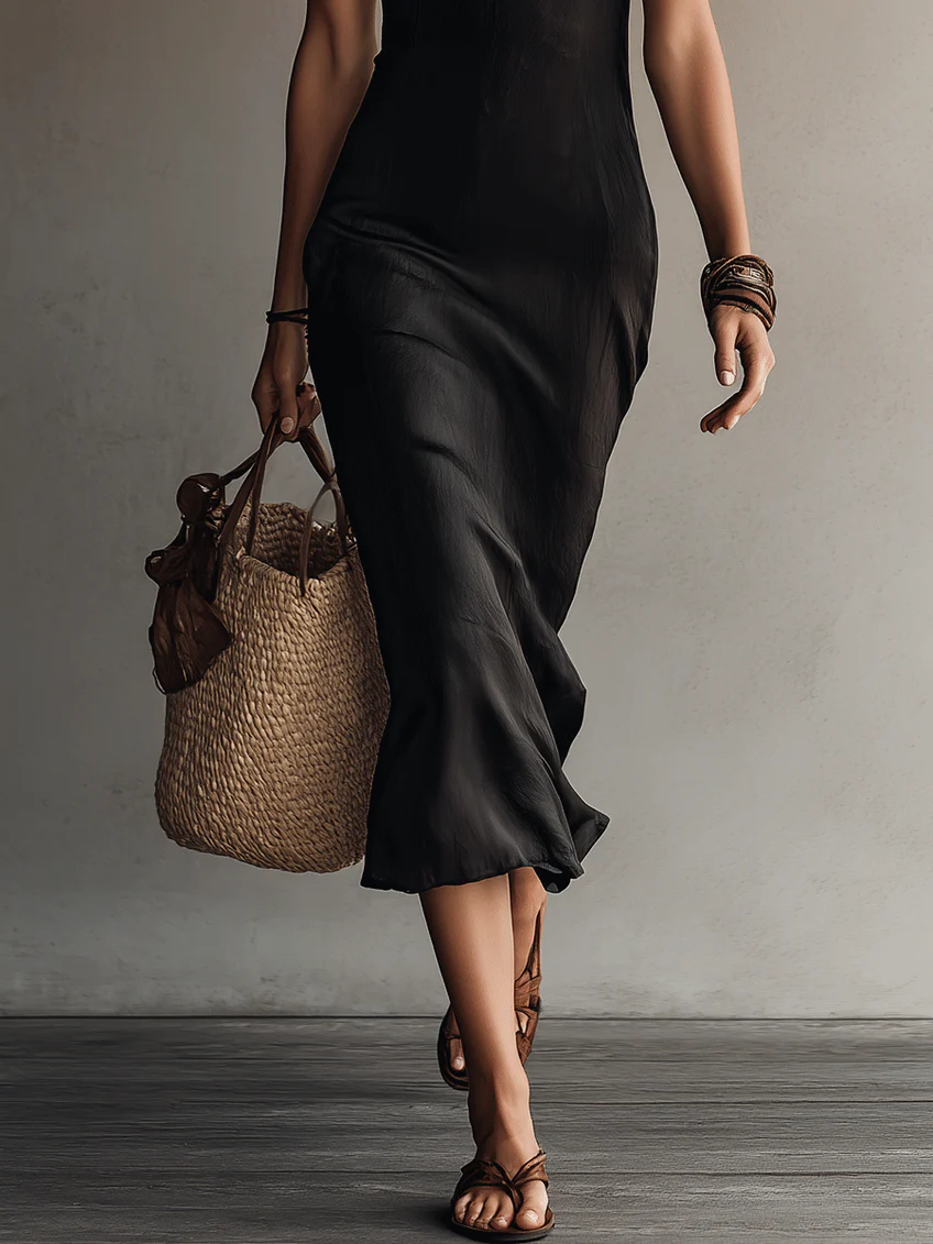 Adriana | Vestido midi negro sin mangas con escote en V y encaje