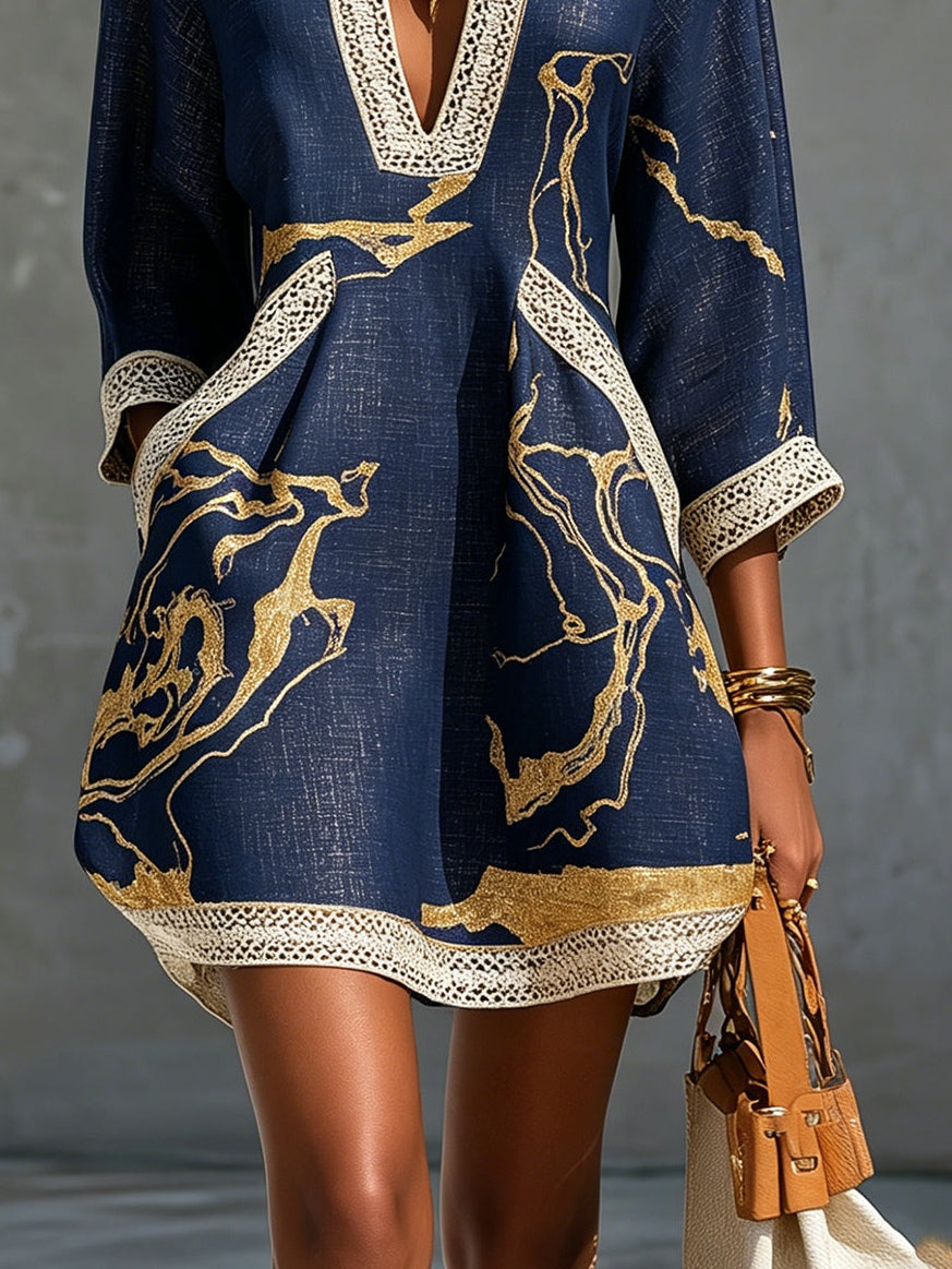 Cosette | Vestido mini azul marino de encaje crochet con motivos dorados