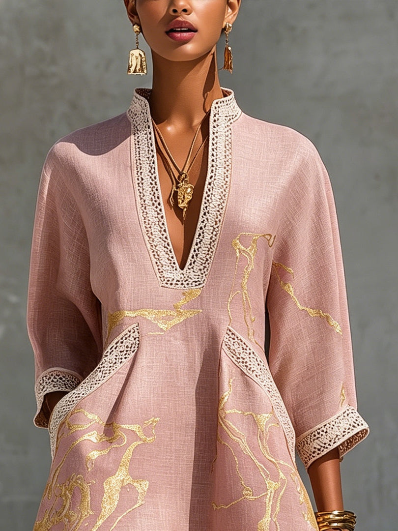Ninon | Vestido mini rosa de encaje crochet con motivos dorados